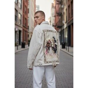 Unique Upcycled XXXL Beige Denim Jacket Ralph Lauren Indian Chief Head 90s Style